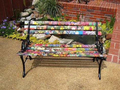 painted yard bench | Unique Wooden Bench Decorating Ideas to Personalize Yard Landscaping ... Yard Benches, Outside Benches, Painted Benches, Window Seat Design, Wooden Garden Benches, Bench Decor, Painted Chairs, Wooden Bench, Wood Bench