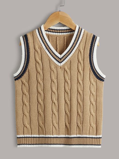 Khaki Preppy  Sleeveless Acrylic Striped Pullovers Embellished Slight Stretch Spring/Fall Boys Clothing Sweather Vest, Sweater Vest Outfit Mens, Crochet Hoodie Pattern, Crochet A Butterfly, Striped Sweater Outfit, Guys Fashion Casual, Khaki Sweater, Pullover Vest, Cute Sweater Outfits