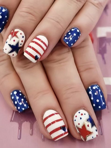 24-Piece Independence Day Square Fake Nail Set, Medium Oval Wearable Nail Piece, Star Design, Red, White And Blue Design, Detachable And Reusable Jelly Glue 1 Cuticle Pusher, Suitable For Girls And Women, Is The Perfect Gift For Girls And Ladies Press On Nails Supplies | SHEIN USA Independence Day Nails, Red White And Blue Nails, 4th Nails, Patriotic Nail, Patriotic Nails Design, Nail Polish Style, Flag Nails, Bella Nails, Valentines Nail