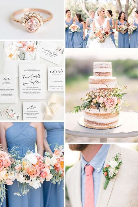 Gorgeous Wedding Bouquet, Summer Wedding Decorations, Blue Wedding Inspiration, Dusty Blue Weddings, Wedding Theme Colors, Peach Wedding, Floral Wedding Invitations, Wedding Color Schemes, Wedding Themes