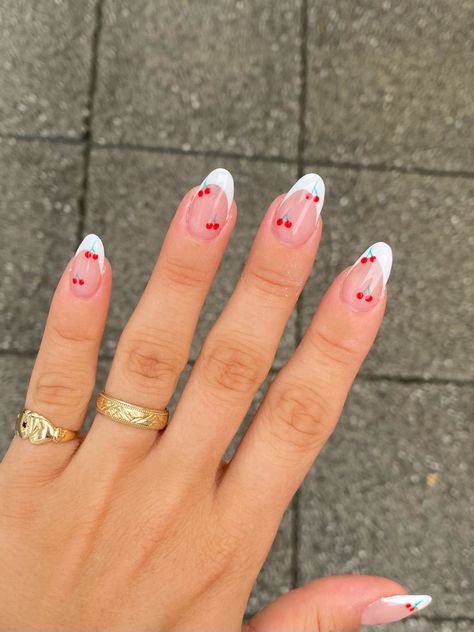 Summer Nail Ideas French Tips, Press On Designs, Nail Ideas French Tips, Cute Cherry Nails, Round Nails Short, Cherry Nail Art, Short Gel Nails, Cherry Nails, Simple Gel Nails