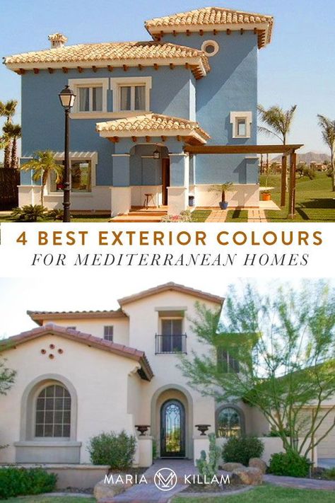 Most Mediterranean style homes have very specific details that work better with certain exterior colours and look terrible with other colours. With this style of home, it’s more important to consider the architecture when choosing exterior colour. Here are the 4 best exterior colours for a Mediterranean style house. Tuscan Villa Exterior, Modern Mediterranean Exterior, Spanish Style Home Exterior, Mediterranean Exterior Homes, Mediterranean House Design, Mediterranean Homes Exterior, Modern Mediterranean Homes, Mediterranean Exterior, Mediterranean Style House