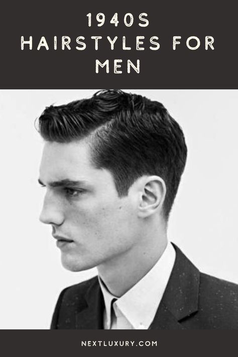 In reality, the 1940’s marked a key turning point for one of the most popular decades of men’s hairstyles, the 1950s. Though, the change was truly subtle during the period with slightly longer lengths and added volume.While it’s true the Forties didn’t have as big of a push as the Fifties, the change was still considerable even without the rock and roll. #nextluxury #hairstylesformen #menshairstyles #menshaircut Mens 1940s Hairstyles, Mens 40s Hairstyles, Traditional Mens Haircut, 1940s Hairstyles Men, 40s Hairstyles Men, Classic Haircut Men Vintage, Noir Hairstyles, 40s Mens Hairstyles, Vintage Mens Hairstyles