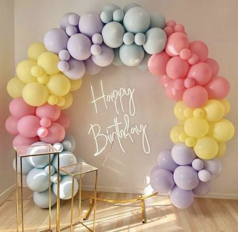 Birthday Decoration Pastel Colors, Pastel Color Balloon Decor, Pastel Color Decorations Party, Pastel Balloon Decor, Pastel Color Birthday Party Ideas, First Birthday Balloon Decorations, Pastel Balloons Decoration, Pastel Color Balloons, Birthday Lights Decoration