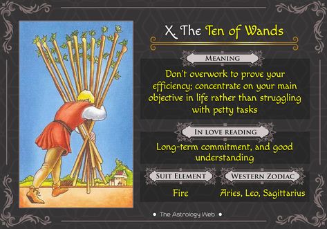 The Ten of Wands Tarot | The Astrology Web Nine Of Wands Tarot Meaning, Nine Of Wands Tarot, 10 Of Wands, Ten Of Wands, Nine Of Wands, King Of Wands, Tarot Interpretation, Learn Tarot, Wands Tarot