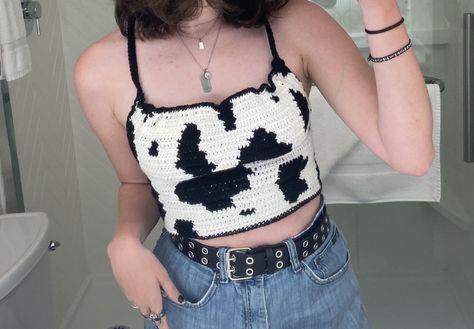 Cow Top Outfit, Cow Print Crochet Top, Crochet Cow Cardigan, Cow Print Crochet, Crochet Cow Print, Cow Halloween Costume, Crochet Bra Pattern, Cow Tops, Cow Halloween