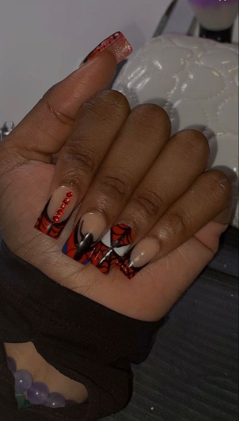 #spiderman #spidermannails #nails #acrylics #spidermanfarfromhome Short Acrylic Spider-man Nails, Spider Man Nails Short Square, Short Acrylic Nails Spiderman, Spiderman Nails Acrylic Short, Short Spider Man Nails, Spider Man Short Nails, Nail Designs Spiderman, Spiderman Nails Short, Short Spiderman Nails