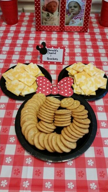 Donald's cheese and quackers minnie mouse party  Two small plates, 1 larger plate (dollar tree) lots of scotch tape and cardstock red with white polka dots (found at ac moore craft store) print of outline online and cut bow out and trace on cardstock at your touches with a black sharpy. Easy peasy! Γενέθλια Mickey Mouse, Mickey Mouse Bday, Twodles Birthday, Minnie Y Mickey Mouse, Mickey Mouse Clubhouse Birthday Party, Minnie Mouse 1st Birthday, Mickey Birthday Party, Minnie Mouse Baby Shower, Minnie Birthday Party