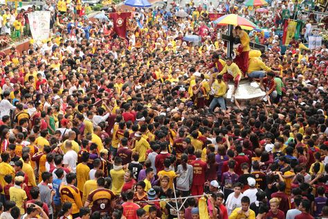 The Black Nazarene or Hesus Nazareno is a full-sized statue of a dark-skinned Jesus Christ bearing the Cross. The statue belongs to the Minor Basilica of the Black Nazarene in the city of Manila. Twice a year, the city hosts the Feast of Black Nazarene that culminates with a solemn procession or tra Feast Of The Black Nazarene, Black Nazarene, The Cross, The Church, Manila, Constellations, Jesus Christ, A Year, The Black