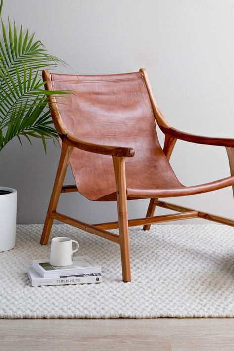 Leather Sling Chair Living Room, Wood Living Room Chair, Modern Leather Accent Chair, Wooden Leather Chair, Wood And Leather Chair, Wood Leather Chair, Wood And Leather Projects, Leather Mid Century Chair, Wooden Chairs For Living Room