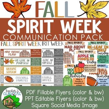 Looking for fun spirit week ideas for fall? Fall Spirit Week lets students show school spirit in fun fall ways!Save 50% off all Spirit Day and Spirit Week packs by purchasing the yearlong Spirit Week Growing Bundle - plus get ALL future additions FREE!This fun-filled week includes the following spirit days:Monday - Mad About Plaid (wear plaid to school)Tuesday - Be-Leaf in Yourself (wear your favorite fall colors today - think leaf colors)Wednesday - Hoodie Season (wear a hoodie or sweatshirt to Book Fair Spirit Week Ideas, Fall Break Spirit Week, Thanksgiving Theme Days For School, Pta Spirit Week Ideas, People Week Ideas, Theme Week Ideas For Work, School Dress Up Days Ideas, Spirit Week For Preschool, Hospital Spirit Week Ideas