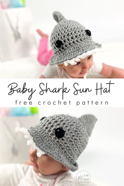 Dun-uh..dun-uh...here comes a free crochet pattern for a Baby Shark Crochet Hat! Choose from three sizes (baby, toddler and child) and make this easy crochet hat with a brim...a perfect crochet sun hat / summer hat crochet pattern for beginners. Learn how to crochet a hat and make this jaw-some crochet gift idea for babies and kids who love crochet animal hats! Shark Crochet Hat, Summer Hat Crochet Pattern, Sun Hat Crochet Pattern, Crocheted Shark Pattern, Summer Hat Crochet, Sun Hat Crochet, Shark Crochet, Crochet Shark, Crochet Animal Hats