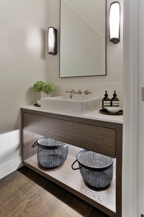 Becki Owens Powder Room, Powder Room With Wood Floor, Hall Powder Room Ideas, Statement Powder Room Modern, Large Powder Room Ideas, Powder Room Decor Modern, Large Powder Room, Powder Room Ideas Elegant Modern, Powder Room Sinks