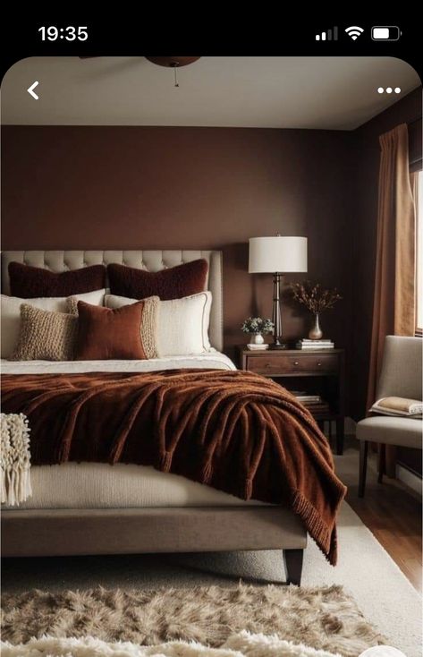 Master Bedrooms Dark Carpet, Tan And Burgundy Bedroom, Dark Tone Bedroom Cozy, Cozy Earth Tone Bedroom Aesthetic, Rust Colour Bedroom Decor, Rust Orange And Cream Bedroom, Burn Orange Bedding, Master Bedrooms Decor Burnt Orange, Rust Velvet Bedding