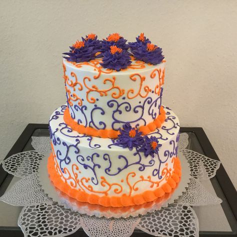 Purple and orange cake. Purple And Orange Cake, Orange Cake Birthday, Purple And Orange Wedding, Orange Birthday Cake, Orange Wedding Cake, Birthday Sheet Cakes, Sheet Cakes, Half Baked, Purple And Orange