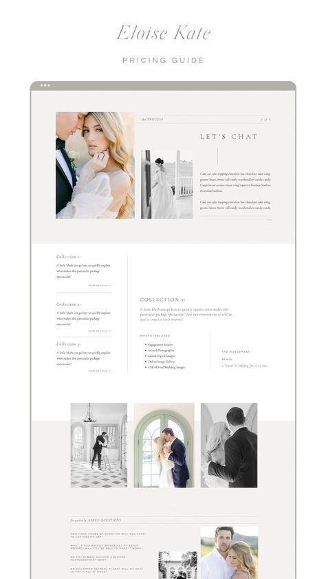 Wedding Pricing Guide Photography, Wedding Guide Template, Wedding Packages Template, Website Packages Pricing, Photographer Welcome Guide, Wedding Venue Packages Template, Showit Templates For Photographers, Price Guide Design, Wedding Price List