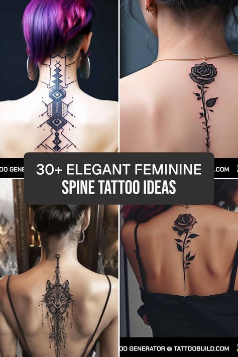 Find striking and empowering tattoo design ideas for your spine that celebrate femininity and beauty. Explore a diverse collection of elegant tattoos to inspire your next ink masterpiece. Whether you prefer delicate florals or intricate patterns, these spine tattoos are sure to make a statement and accentuate your style. Intricate Spine Tattoo, Tattoo Ideas Female On The Back, Back Next Tattoo, Strength Spine Tattoos For Women, Ladies Spine Tattoo, Ornamental Spine Tattoos For Women, Edgy Back Tattoos, Back Bone Tattoo, Spine Tattoo Cover Up Ideas