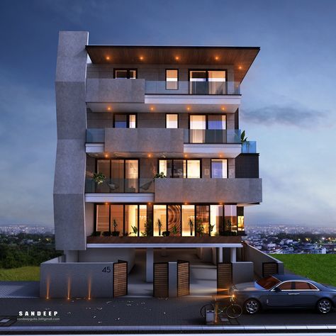 A house of modern design on Behance 4 Storey Residential Building Design, 4 Floors Building Elevation Modern, 4 Storey House Design, House Design 3 Storey, Elevation Home Design, Front Elevation Designs Modern, 3 Storey House, Modern Bungalow Exterior, 3 Storey House Design