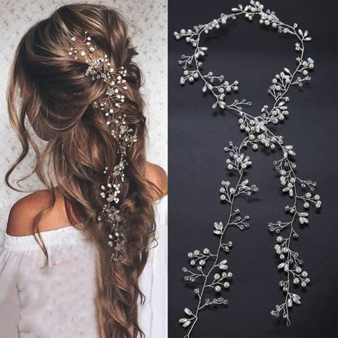 Bridal Hair Vine Long, Bride Hair Viking, Bridal Hair Vine Boho, Pearl And Flower Hair Vine, Bridal Hair Pieces Rose Gold, Boho Beach Wedding Hair Head Pieces, Beach Wedding Hair Vine, Luxury Fantasy Wedding Jewelry, Dark Fantasy Bridesmaid Accessories