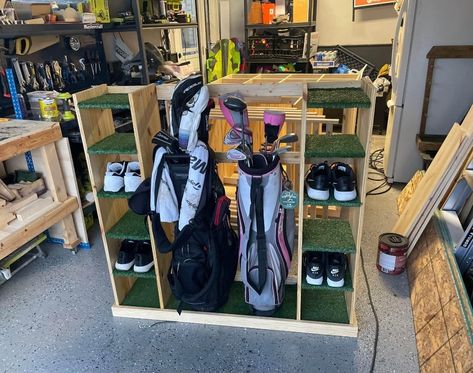 Golf Bag Holder Diy, Golf Bag Organizer, Golf Bag Rack Diy, Golf Storage Ideas, Golf Organizer, Golf Equipment Storage, Golf Man Cave, Golf Locker, Small Garage Organization