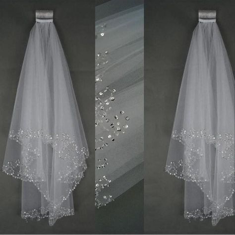 BEPHORA Handmade CathedraL Bride Veil New Short Two Layer Bridal Veil Cut Veil White Ivory Simple wedding bridaL with tiara veul Accessories 1.Material: Polyester 2.Colors: White/Ivory/ 4.with Comb this veil is so brilliant, bling bling bling so attractive if you wear it you can not move your eyes when you see it you will be the most beautiful woman in your big day it can give you a dream wedding Note: Due to the difference between different monitors, the picture may not reflect the actual color Fingertip Length Wedding Veil, Sparkle Veil, Beaded Wedding Veils, Ivory Bridal Veil, Wedding Veils Short, Short Veil, Bride Veil, Wedding Bridal Veils, Wedding Dress Sequin