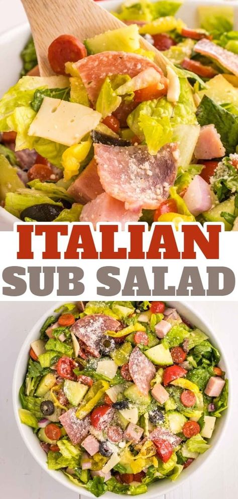 Italian Sub Salad is a delicious dish loaded with romaine, olives, tomatoes, cucumber, ham, pepperoni, peppers, onions and salami all tossed in a red wine vinegar dressing. Italian Sub Salad, Red Wine Vinegar Dressing, Sub Salad, Italian Sub, Creamy Cucumber Salad, Meat Salad, Vinegar Dressing, Tossed Salad, Cucumber Recipes