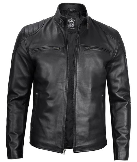 Black Fitted Leather Jacket Men  A black leather biker jacket is a great piece of transitional dressing. Formally or casually this black jacket is what you really need for your daily commute and street style. Enhanced with belted buttoned collar and shoulder patches, multiple pockets, and zipper cuffs. Get this black leather jacket to rock the style without breaking the bank. Fitted Biker Jacket, Cafe Racer Leather Jacket, Motorcycle Leather Jacket, Transitional Dressing, Rugged Design, Cafe Racer Jacket, Black Leather Biker Jacket, Racer Jacket, Black Motorcycle