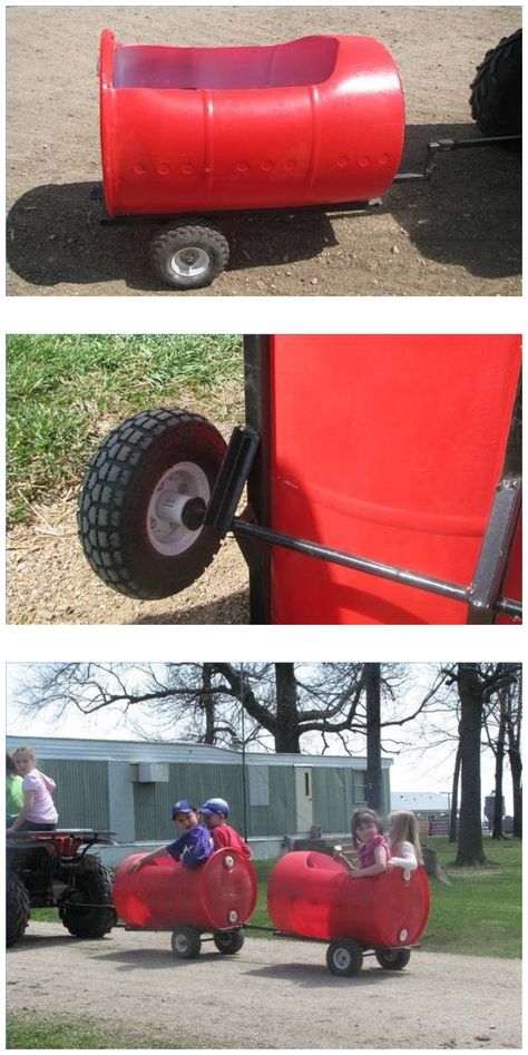 DIY Plastic Barrel Train Barrel Wagon Train, Plastic Barrel Projects, Plastic Barrel Ideas, Barrel Train, Cool Welding Projects, Kids Atv, Plastic Drums, Barrel Projects, Derby Car