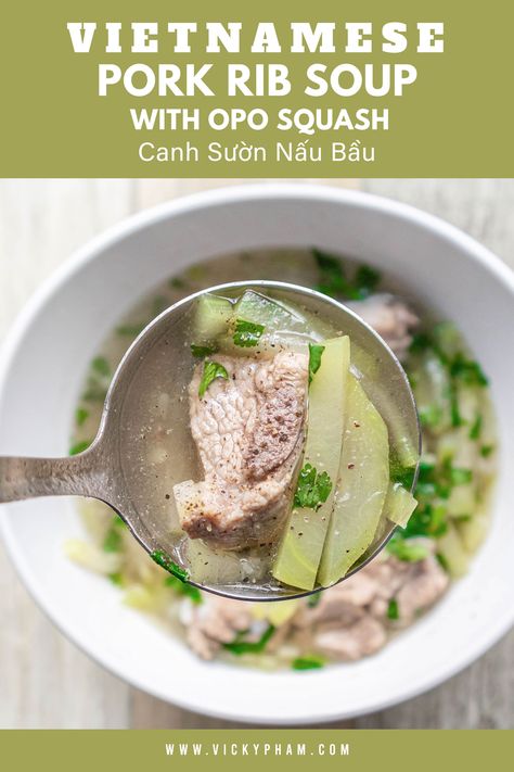 Nothing reminds me more of home than a warm bowl of soup. Here is a classic Vietnamese soup made with short pieces of pork ribs and thinly sliced opo squash. Enjoy with steamed rice for a complete meal. Opo Soup Recipe, Vietnamese Opo Squash Soup, Vietnamese Vegetable Soup, Vietnamese Pork Soup, Vietnamese Squash Soup, Opo Squash Soup, Vietnamese Vegetarian Recipes, Healthy Vietnamese Food, Vietnamese Soup Recipe