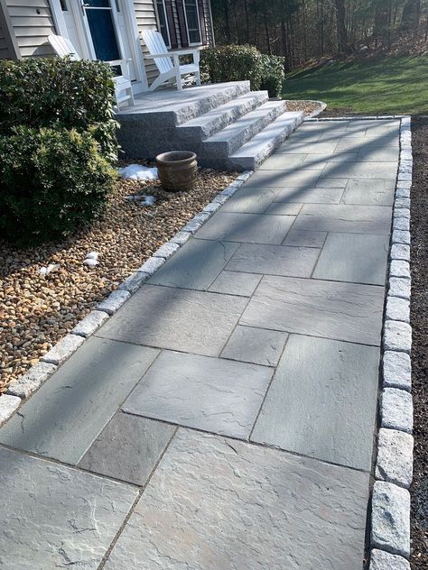 Before and After: 6 New England Homes Get a Boost of Curb Appeal With Natural Stone Hardscaping Natural Stone Walkway, Paver Walkway Diy, Concrete Pavers Walkway, Front Walkway Landscaping, Bluestone Walkway, Front Door Landscaping, Grey Pavers, Granite Patio, Front Yard Walkway