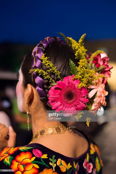 Mexican Hair Flowers, Mexican Indigenous Hairstyles, Cinco De Mayo Hairstyles Hair, Folklorico Hairstyles, Oaxaca Hairstyles, Hair Styles Mexican, Mexican Hairstyles With Flowers, Mexican Flower Crown, Mexican Hair Styles