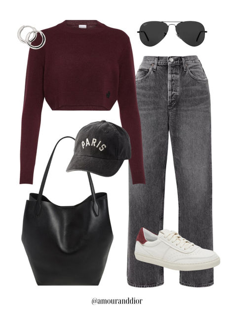 Styling burgundy + black for fall 🍁🍂 Fall outfit, gray jeans, black jeans, denim, black tote bag, casual outfit, maroon, Paris hat, trainers, sneakers, burgundy sweater, cashmere sweater Gray Burgundy Outfit, Burgundy Hat Outfit Fall, Maroon Crewneck Outfit, Burgundy Style Outfit, Burgundy Top Outfit Ideas, Gray And Burgundy Outfit, Burgundy Hoodie Outfit, Maroon And Black Outfit, Washed Black Jeans Outfit