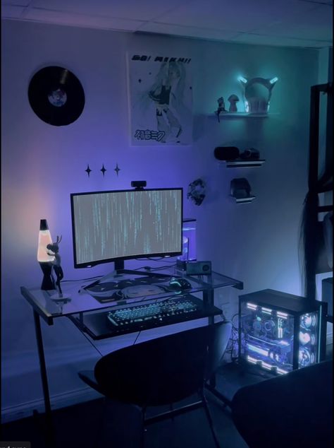 Room Athstetic, Cybercore Bedroom, Futuristic Room Ideas, Mizuiro Kawaii, Miku Room, Cybercore Room, Futuristic Room, Emo Room, Futuristic Bedroom