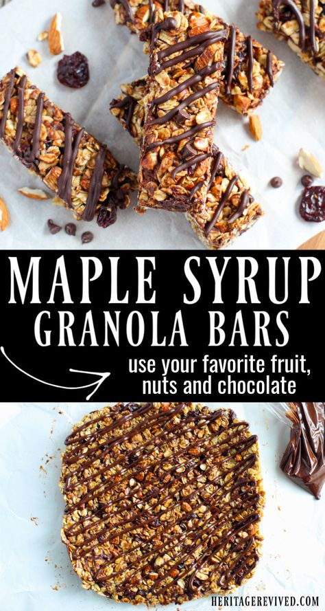 Cherry almond maple syrup granola bars drizzled with chocolate on a white background. Old Fashioned Oats Granola Bar, Maple Granola Bars, Maple Syrup Granola Bars, Nutty Granola Bars, Homemade Granola Bars With Dates, Granola Bars Recipe Healthy, Homemade Nut Bars, Nut Bars Homemade Healthy, Granola Bars Homemade Healthy