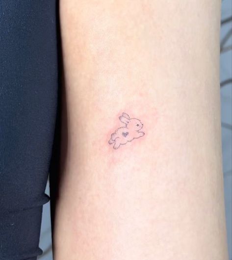 Childhood Toy Tattoo, One Inch Tattoos, Fine Line Bunny Tattoo, Soft Tattoo Aesthetic, Stuffed Animal Tattoo, Dainty Tattoo Ideas, Pet Portrait Tattoos, Bunny Tattoo, Small Girly Tattoos