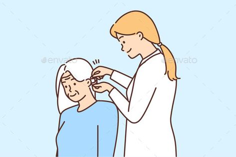 Female Doctor Install Hearing Aid to Old Patient Hearing Aid Drawing, Happy Nurse, Elderly Woman, Female Doctor, Hearing Aids, Graphic Design Art, Design Art, Photoshop, Graphic Design