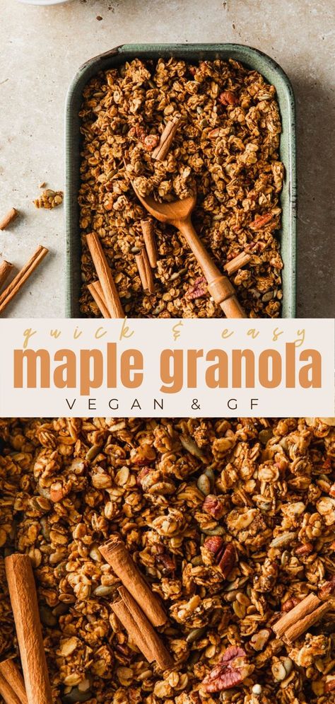 Easy to make maple harvest granola is made healthy using gluten free oats, nuts, quinoa and sweetened with maple syrup. Perfect for snacking, topping or enjoying as a cereal. Made gluten free, dairy free, egg free, refined sugar free and vegan. #vegan #vegansnacks #vegandessert #veganrecipes #healthy #healthyfood #healthyrecipes #pumpkin Cinnamon Pumpkin Seeds, Crunchy Granola Recipe, Vegan Granola Recipe, Sugar Free Granola, Quinoa Granola, Maple Granola, Healthy Snack Alternatives, Protein Granola, Vegan Granola