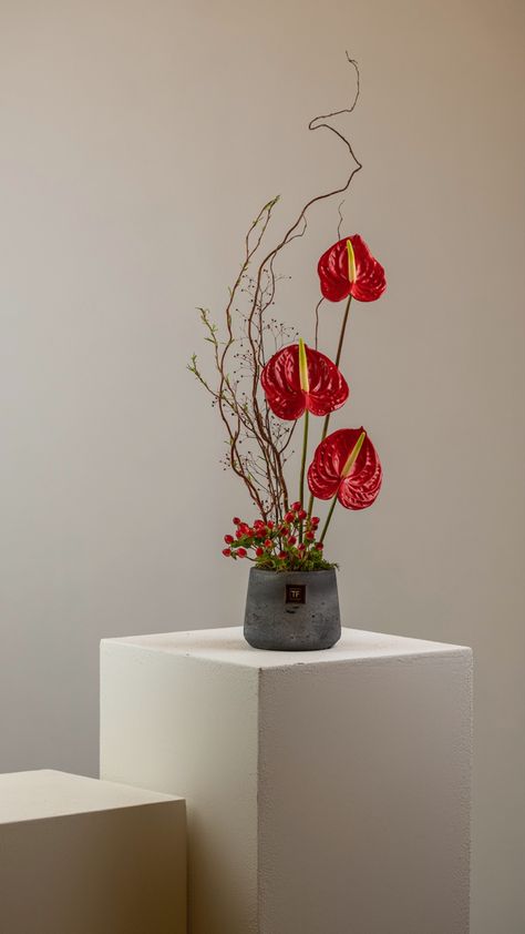 Simple Tropical Flower Arrangements, Japandi Floral Arrangement, Unique Flower Arrangements Modern, Red White Flower Arrangements, Japanese Floral Arrangements, Tropical Ikebana, Cny Flower Arrangement, Cny Decoration Ideas, Christmas Ikebana