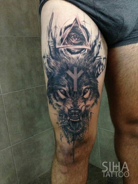 Wolf Thigh Tattoo, Werewolf Tattoo, Thigh Tattoo Men, Geometric Wolf Tattoo, Wolf Tattoos Men, Wolf Tattoo Sleeve, Thigh Tattoo Designs, Marquesan Tattoos, Norse Tattoo