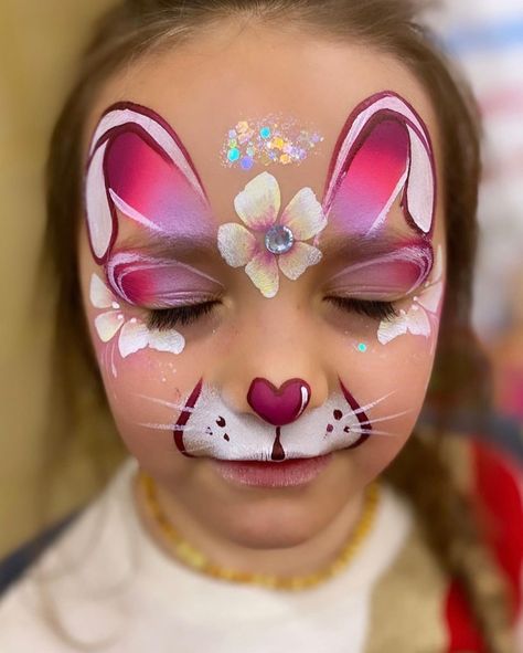 Easter Bunny Face Paint Easy, Kids Easter Face Paint, Face Paint Easter Designs, Easter Facepainting Ideas Easy, Spring Face Paint Ideas, Easter Egg Face Paint, Face Painting Bunny, Face Paint Bunny, Spring Face Paint