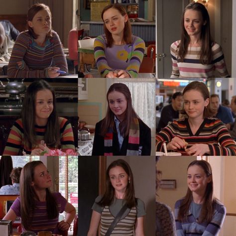 Gossip Girl Party, Gilmore Outfits, Gilmore Style, Gilmore Girls Rory, Girls Party Outfits, Striped Sweaters, Lorelai Gilmore, Rory Gilmore, Pink And Gray