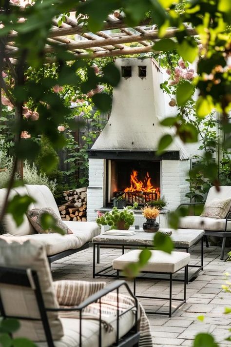 Outdoor Fireplace - Warm Up Your Patio Mantel with These Ideas White Brick Outdoor Fireplace Patio, Pergola Patio Fireplace, Garden With Fireplace, Outdoor Fireplace Mantel, Redo Backyard, Patio Gas Fireplace, Fireplace Ideas Outdoor, Fireplace Mantel Ideas, Indoor Outdoor Fireplace