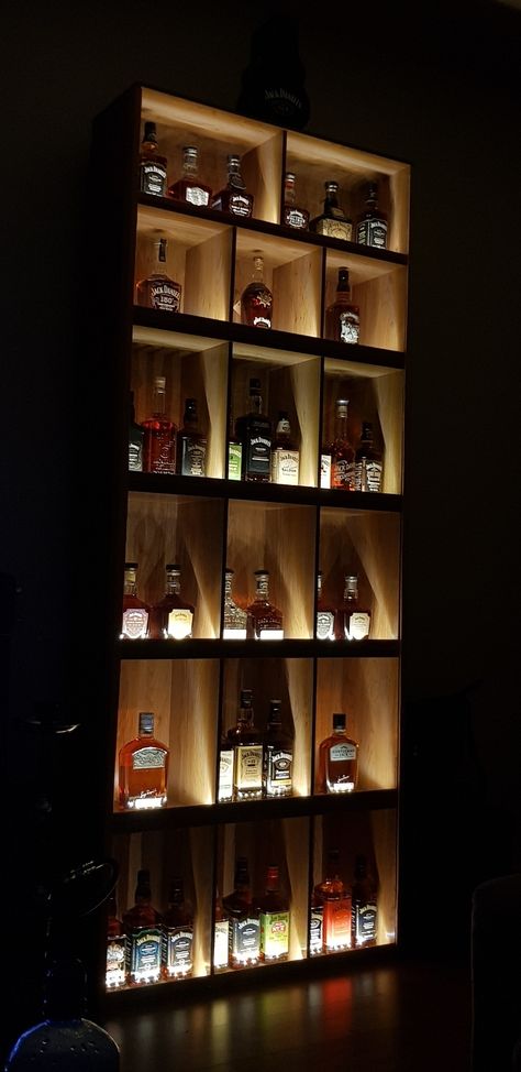 Whisky Storage Ideas, How To Display Liquor Bottles Bar Ideas, Liquor Bottle Wall Display, Alcohol Display Cabinet, Alcohol Collection Display, Whiskey Closet Ideas, Whisky Collection Display, Whisky Cabinet Display, Whiskey Rack Ideas