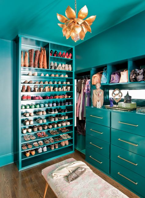 Room Envy: One bold, colorful closet in Virginia-Highland - Atlanta Magazine Teal Closet, Monochromatic Closet, Bathroom Ideas Spa, Bathroom Ideas Rustic, Shower Room Ideas, Primary Bed, Rustic Bathroom Ideas, Black Tile Bathrooms, Colorful Closet