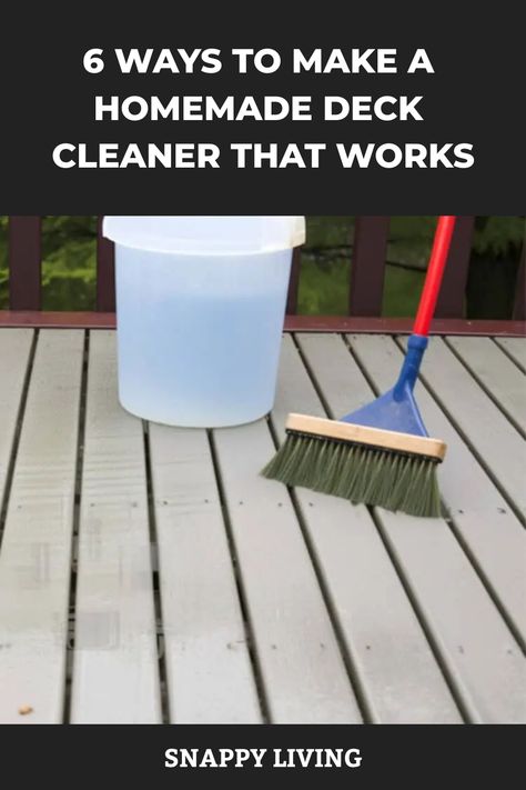 A bucket of cleaning solution and a scrub brush on a wooden deck, indicating a DIY deck cleaning method. How To Clean A Deck Before Staining, Diy Deck Cleaner Wood, Deck Wash Recipe, Deck Cleaner Homemade, Deck Cleaning Solution Diy, Cleaning Trex Decking, Diy Deck Cleaner, Easy Diy Deck, Wood Deck Cleaner