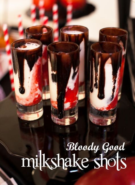 bloody good vampire milkshake shots... for your halloween party, a drink that will delight even the most brooding vampire! Party Ideas For Adults Alcohol, Witches Brunch, Boochelorette Party, Good Vampire, Cat Bachelorette, Classy Halloween Party, Alcoholic Milkshake, Birthday Witch, Halloween Party Ideas For Adults