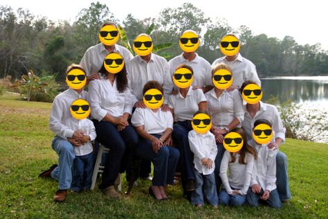 extended family photo dressed in white shirts and blue jeans with emojis covering faces Black White Jeans Family Photos, White Shirt And Blue Jeans Family Photo, White Shirt And Jeans Family Pictures, Family Photo Outfits Denim And White, Blue White Denim Family Photos, White Shirt Family Photoshoot, 90s Denim Family Photos, Family Pictures Jeans And White Shirts, Family Photo Outfits White And Denim