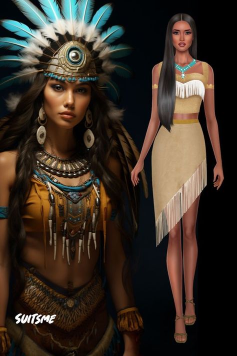 Dress up like Pocahontas on Halloween, Get more Halloween costumes inspiration by playing the Suitsme Fashion Halloween Costumes Inspiration, Pocahontas Halloween Costume, Pocahontas Halloween, Pocahontas Outfit, Pocahontas Dress, Halloween Costume Idea, Ballroom Dance Latin, Disney Pocahontas, Unique Costumes