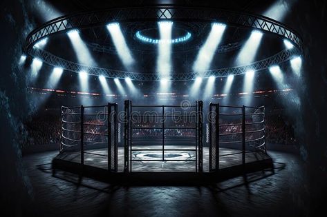 Round empty cage boxing ring in light of spotlights box kickboxing mixed martial arts MMA royalty free stock image Scenography Theatre, Boxing Rings, Boxing Ring, Vector Nature, Animation Inspiration, Cyberpunk City, Light Ring, Booth Display, Mixed Martial Arts