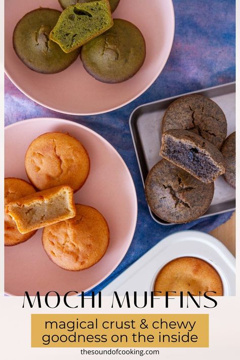 easy mochi muffin (cupcakes) with a magical crust • The Sound of Cooking Mochi Butter Cake Recipe, Sweet Rice Flour Recipes Desserts, Glutinous Rice Flour Recipes Sweets, Peanut Butter Mochi Recipe, Mochiko Flour Recipes, Sweet Potato Mochi Recipe, Gluten Free Mochi, Mochi Cookie Recipe, Mochi Muffin Recipe